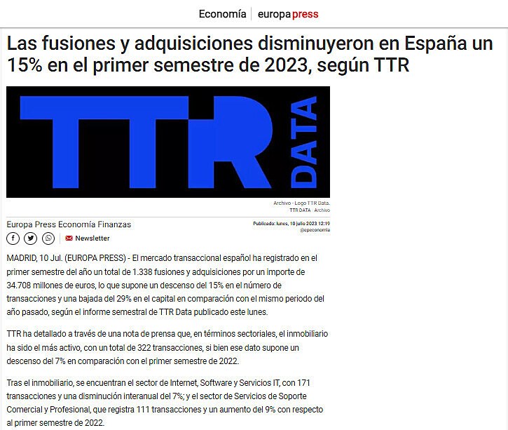 Las fusiones y adquisiciones disminuyeron en Espaa un 15% en el primer semestre de 2023, segn TTR
